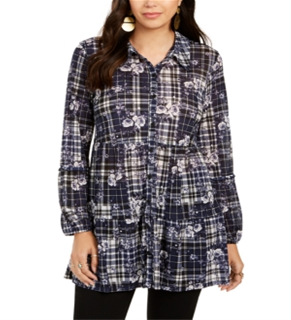 Style & Co Women's Top Floral Plaid Button Down Shirt Blue Size Petite