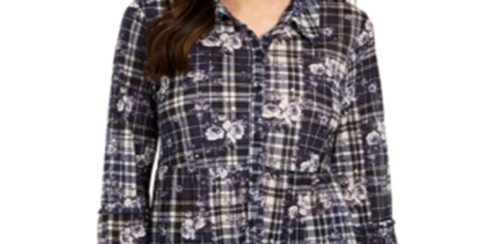 Style & Co Women's Top Floral Plaid Button Down Shirt Blue Size Petite