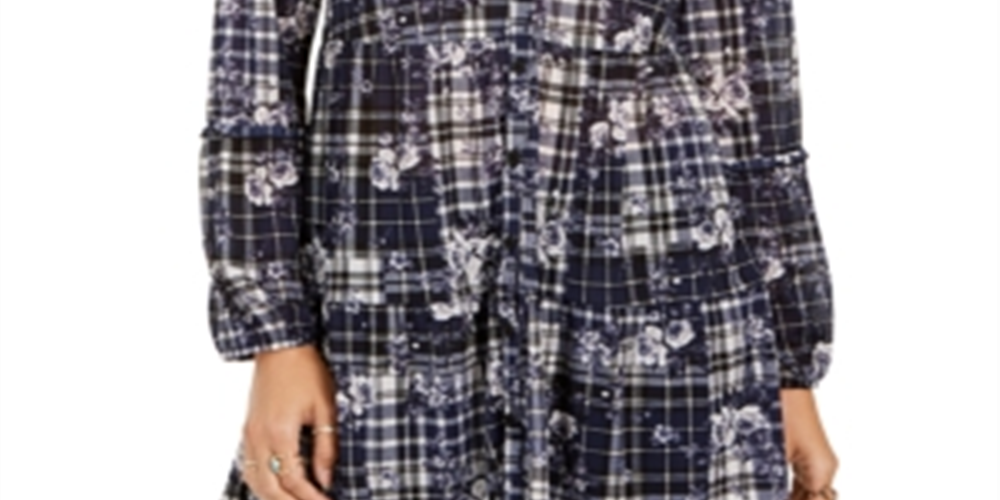 Style & Co Women's Top Floral Plaid Button Down Shirt Blue Size Petite