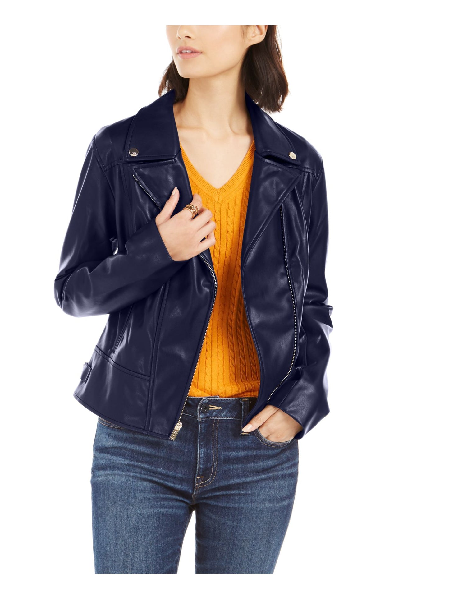 Tommy Hilfiger Women's Faux Leather Motorcycle Jacket Blue Size Large
