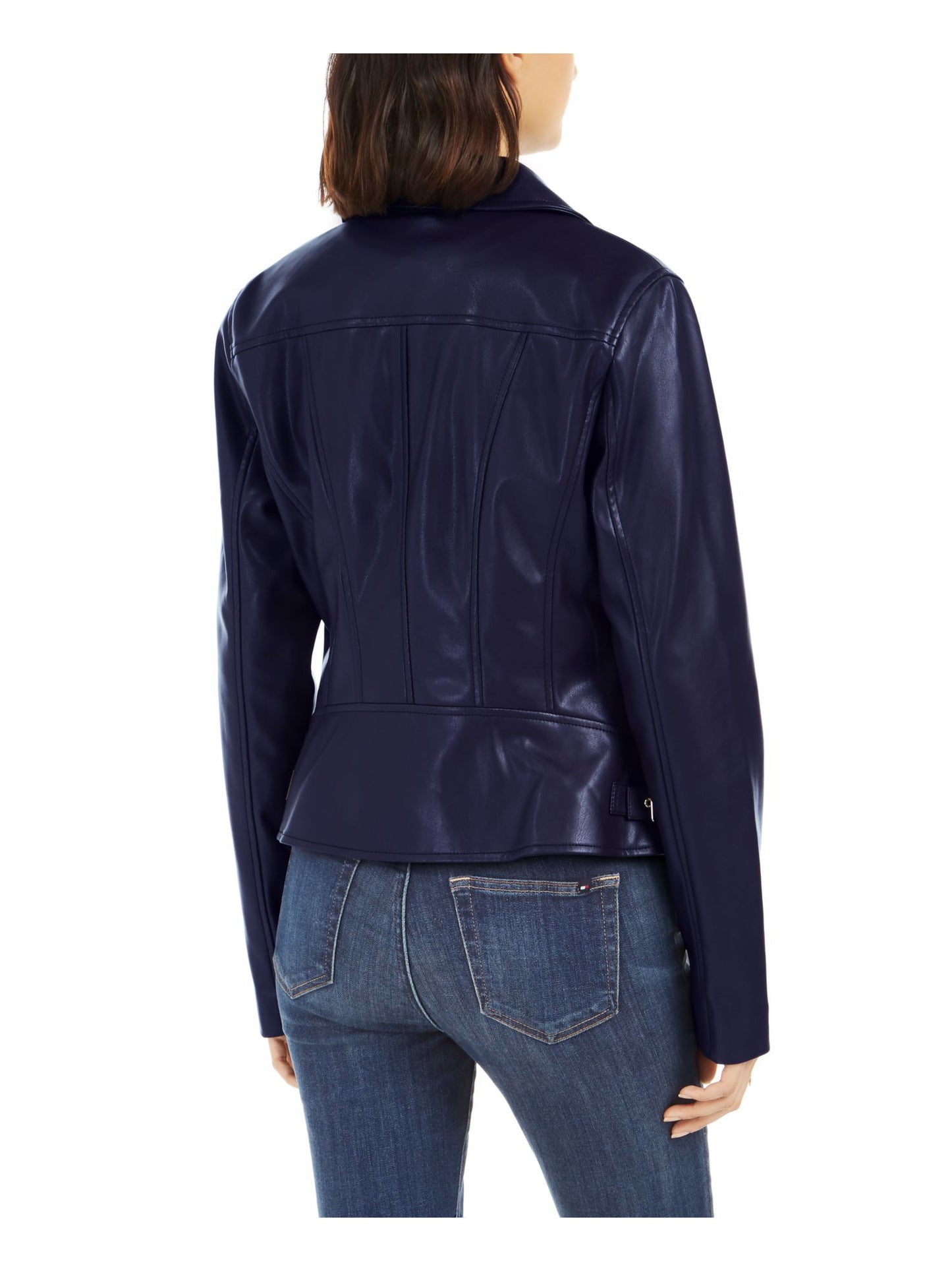 Tommy Hilfiger Women's Faux Leather Motorcycle Jacket Blue Size Large
