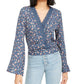 Polly & Esther Women's Embroidered Lace Trim Tie at Back Floral Bell Sleeve V Neck Crop Top Blue Size Small