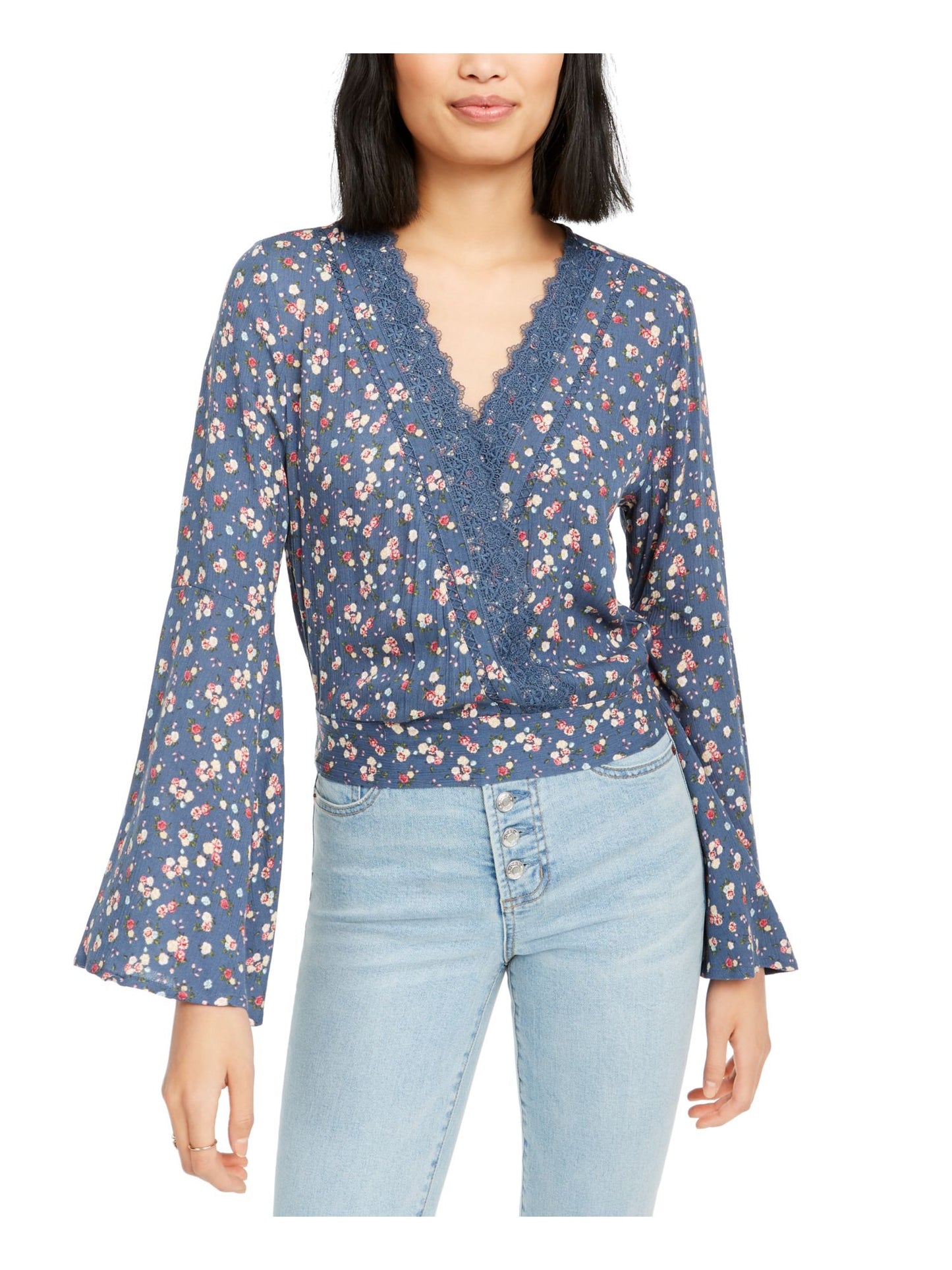 Polly & Esther Women's Embroidered Lace Trim Tie at Back Floral Bell Sleeve V Neck Crop Top Blue Size Small