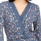 Polly & Esther Women's Embroidered Lace Trim Tie at Back Floral Bell Sleeve V Neck Crop Top Blue Size Small