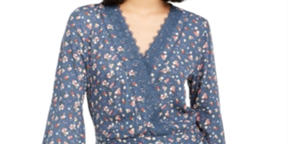 Polly & Esther Women's Embroidered Lace Trim Tie at Back Floral Bell Sleeve V Neck Crop Top Blue Size Small