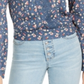 Polly & Esther Women's Embroidered Lace Trim Tie at Back Floral Bell Sleeve V Neck Crop Top Blue Size Small