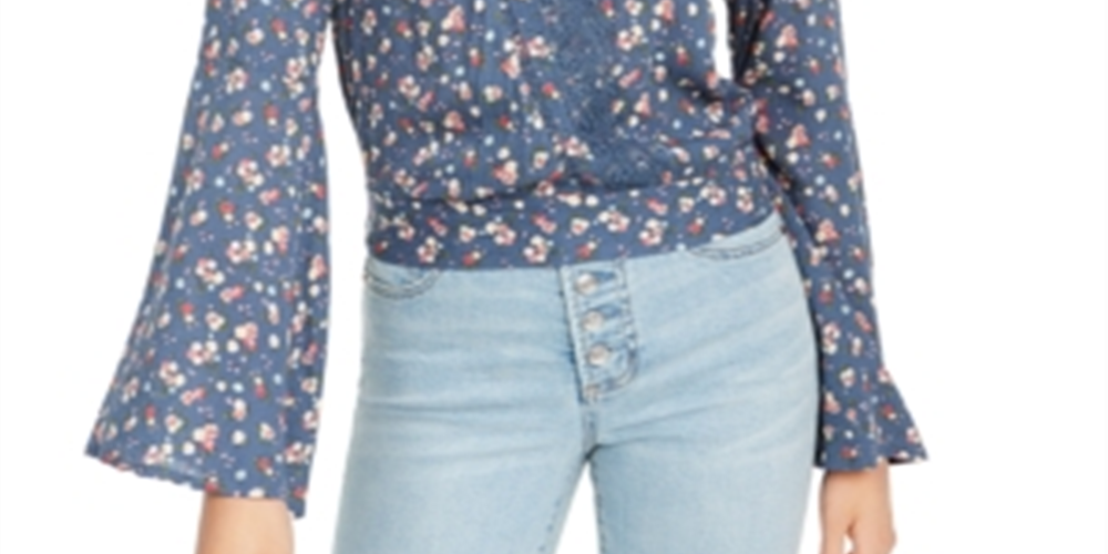 Polly & Esther Women's Embroidered Lace Trim Tie at Back Floral Bell Sleeve V Neck Crop Top Blue Size Small