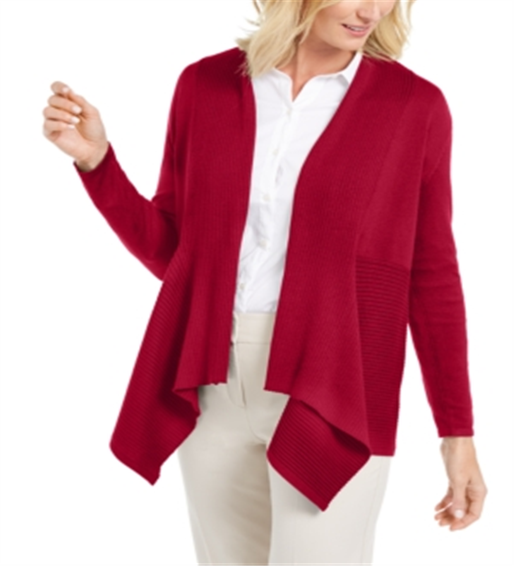 JM Collection Women's Mixed Ribbed Flyaway Cardigan Red Size Petite Small