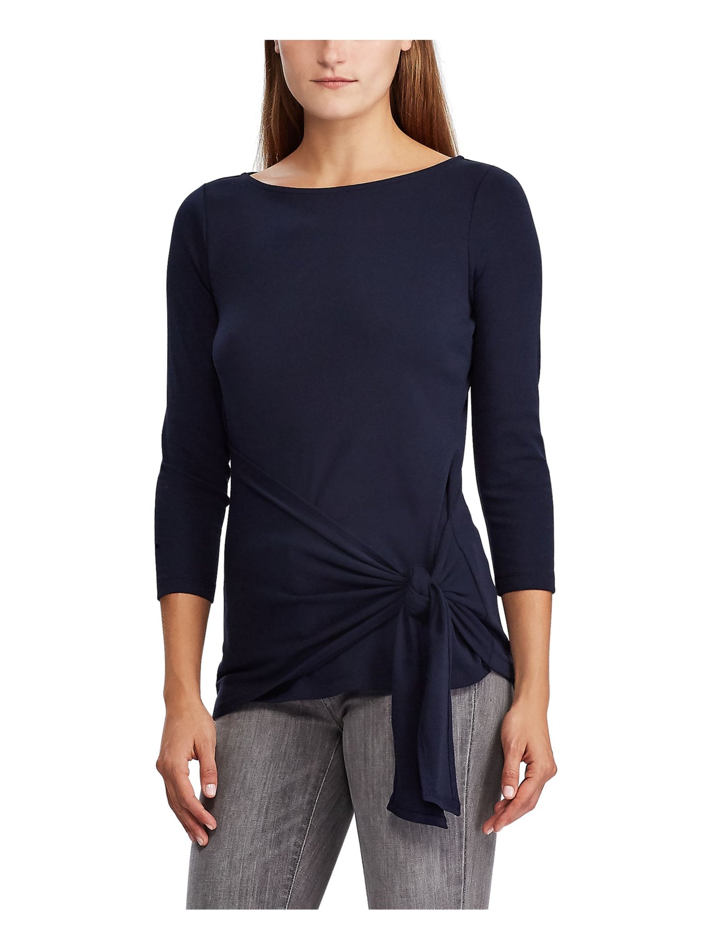 Ralph Lauren Women's 3/4 Sleeve Boat Neck Wrap Top Blue Size Small