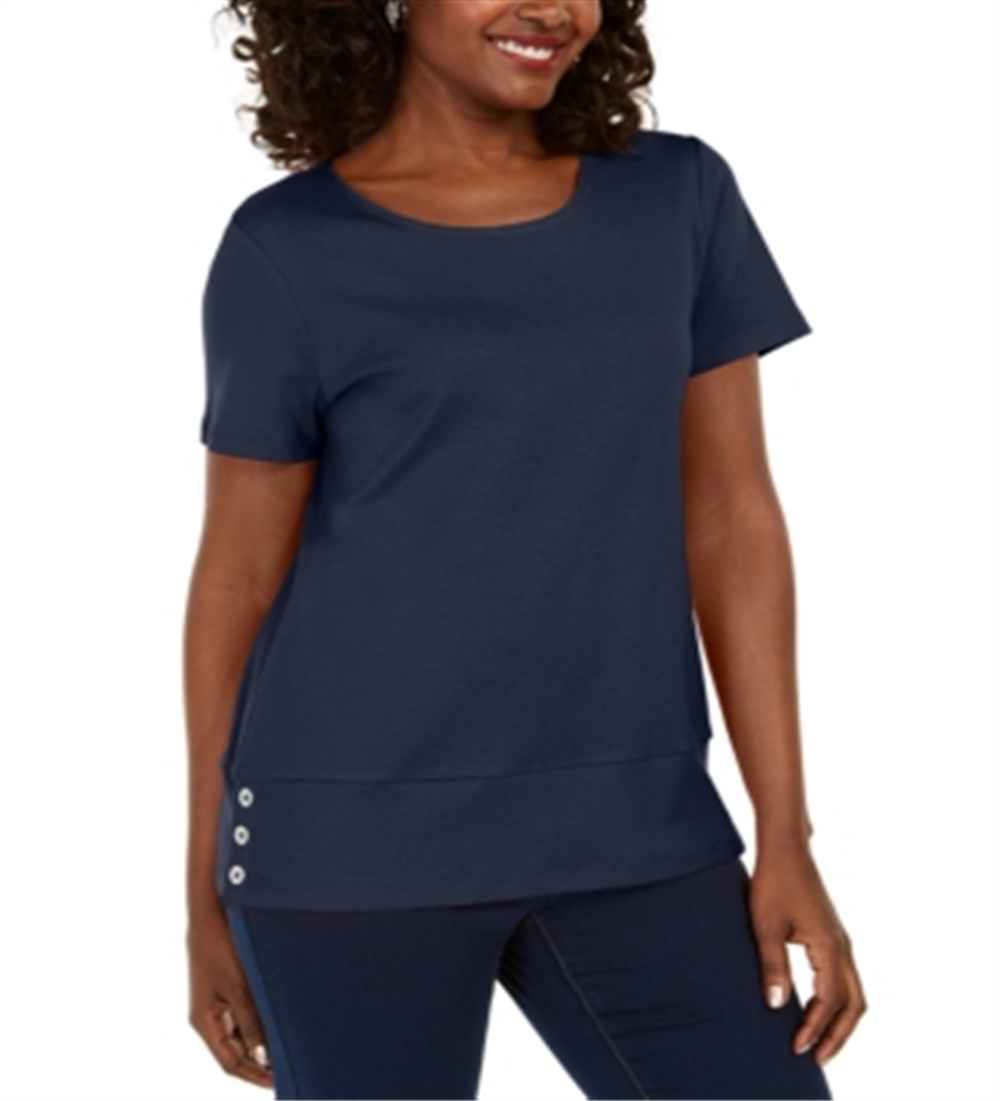 Karen Scott Women's Button Hem Scoop Neck Cotton Top Blue Size X-Small