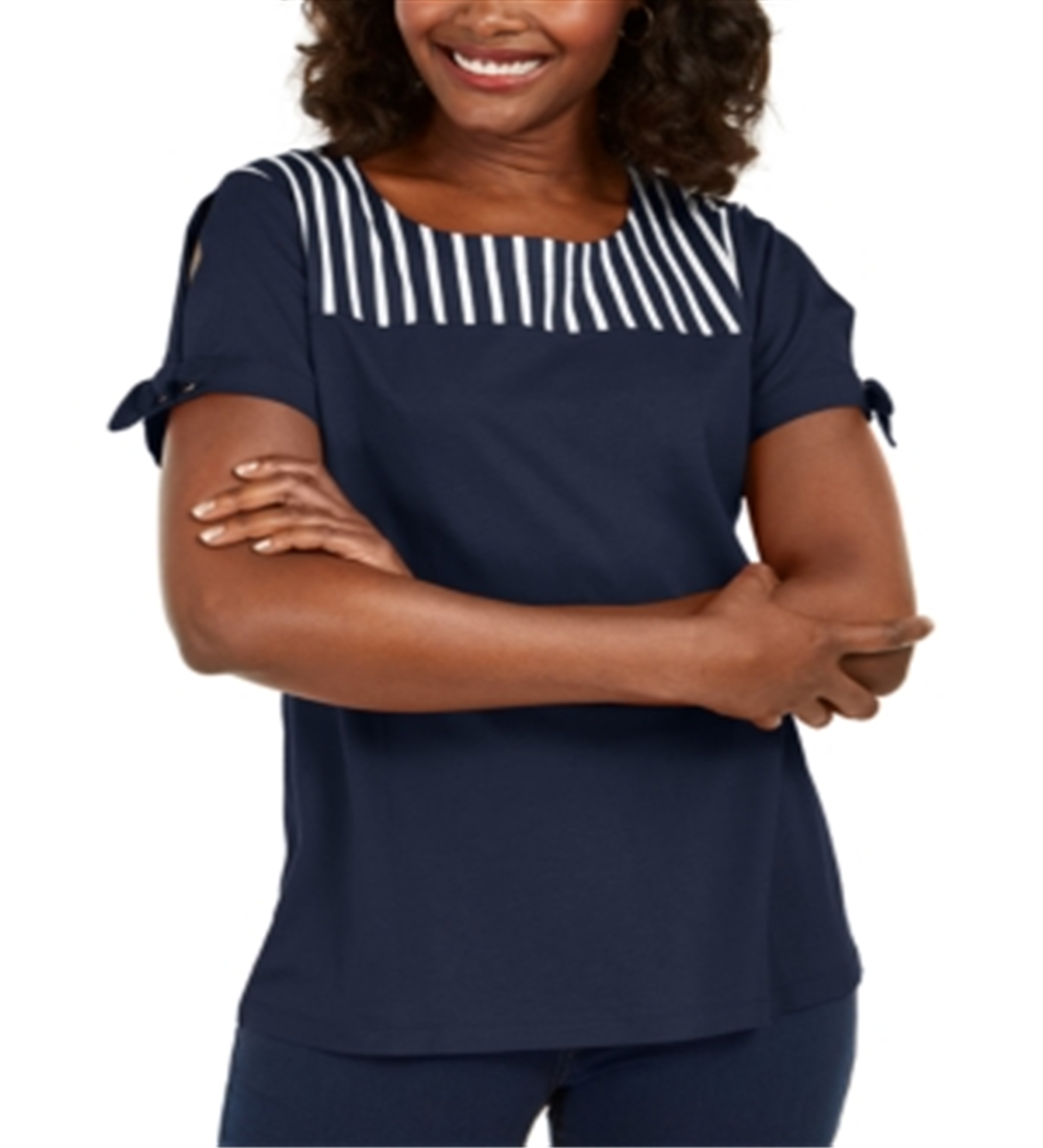 Karen Scott Women's Striped Yoke Top Blue Size X-Small