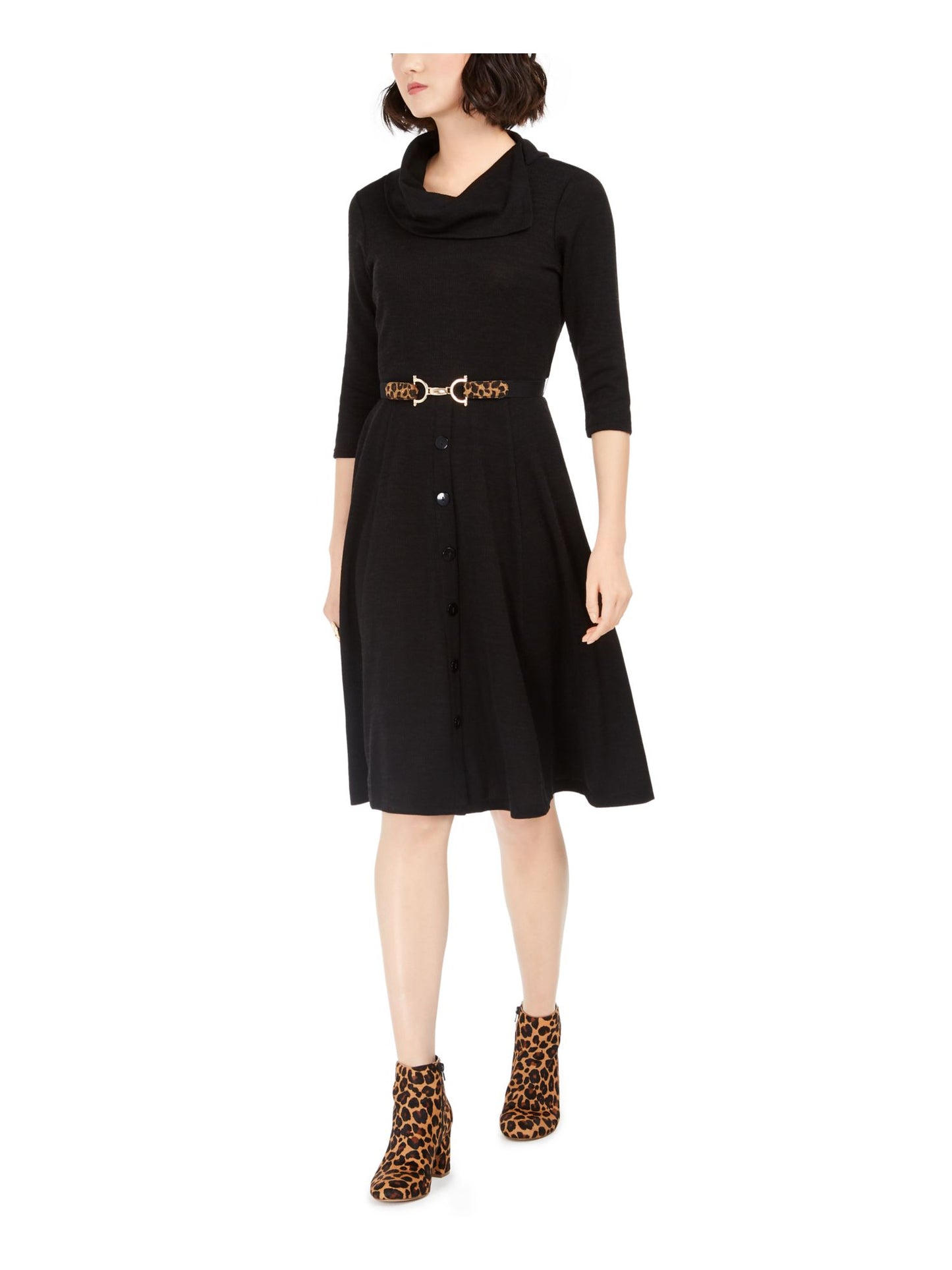 Robbie bee Women's Belted 3/4 Sleeve Cowl Neck Knee Length Fit Flare Dress Black Size Petite Small
