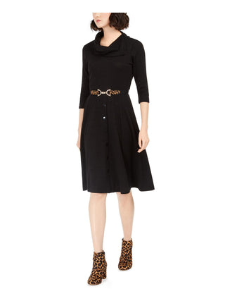 Robbie bee Women's Belted 3/4 Sleeve Cowl Neck Knee Length Fit Flare Dress Black Size Petite Small