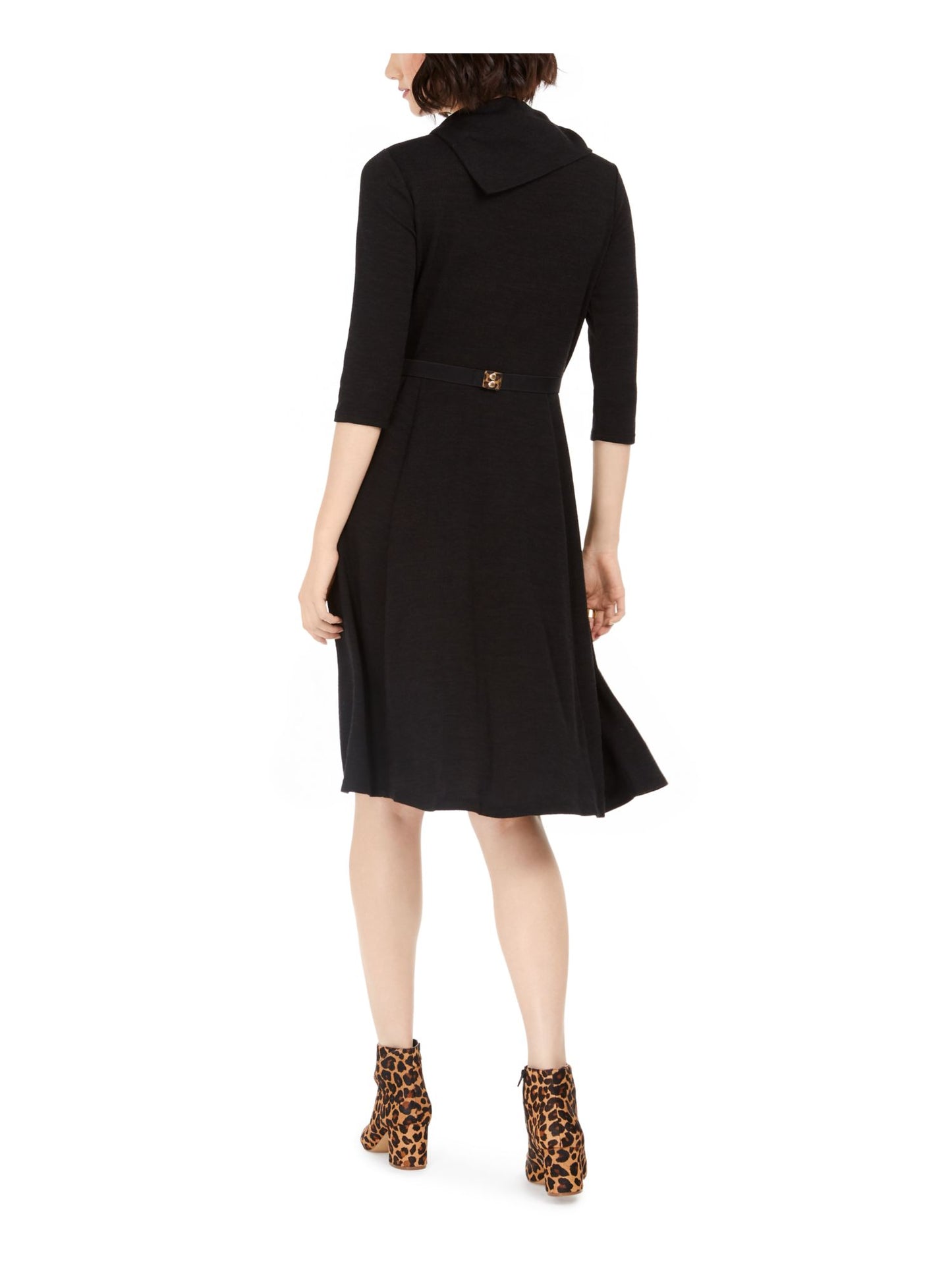 Robbie bee Women's Belted 3/4 Sleeve Cowl Neck Knee Length Fit Flare Dress Black Size Petite Small