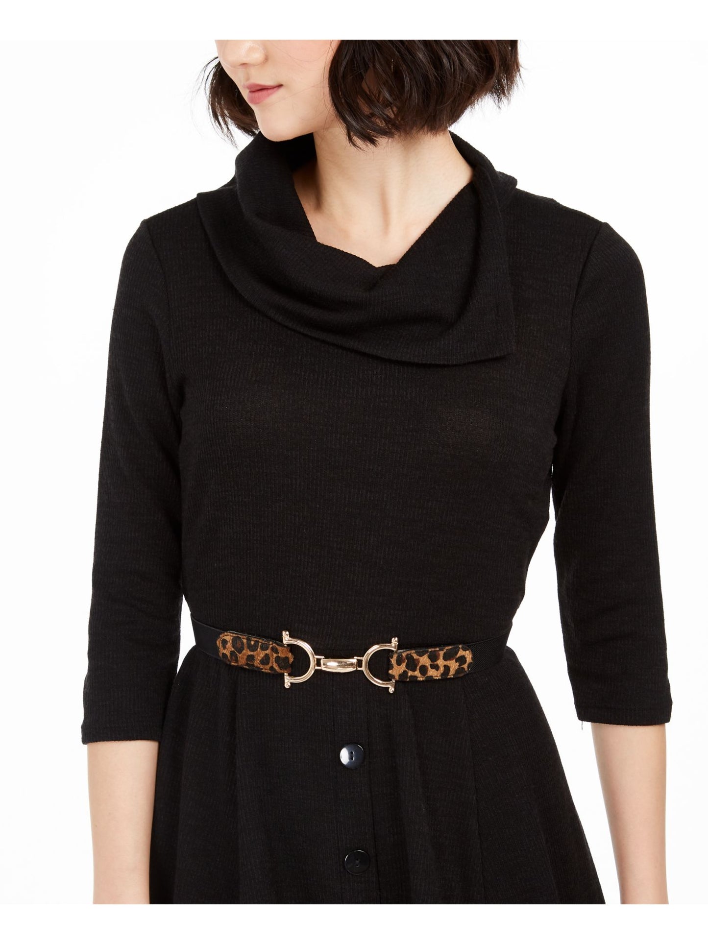 Robbie bee Women's Belted 3/4 Sleeve Cowl Neck Knee Length Fit Flare Dress Black Size Petite Small