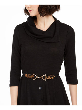 Robbie bee Women's Belted 3/4 Sleeve Cowl Neck Knee Length Fit Flare Dress Black Size Petite Small