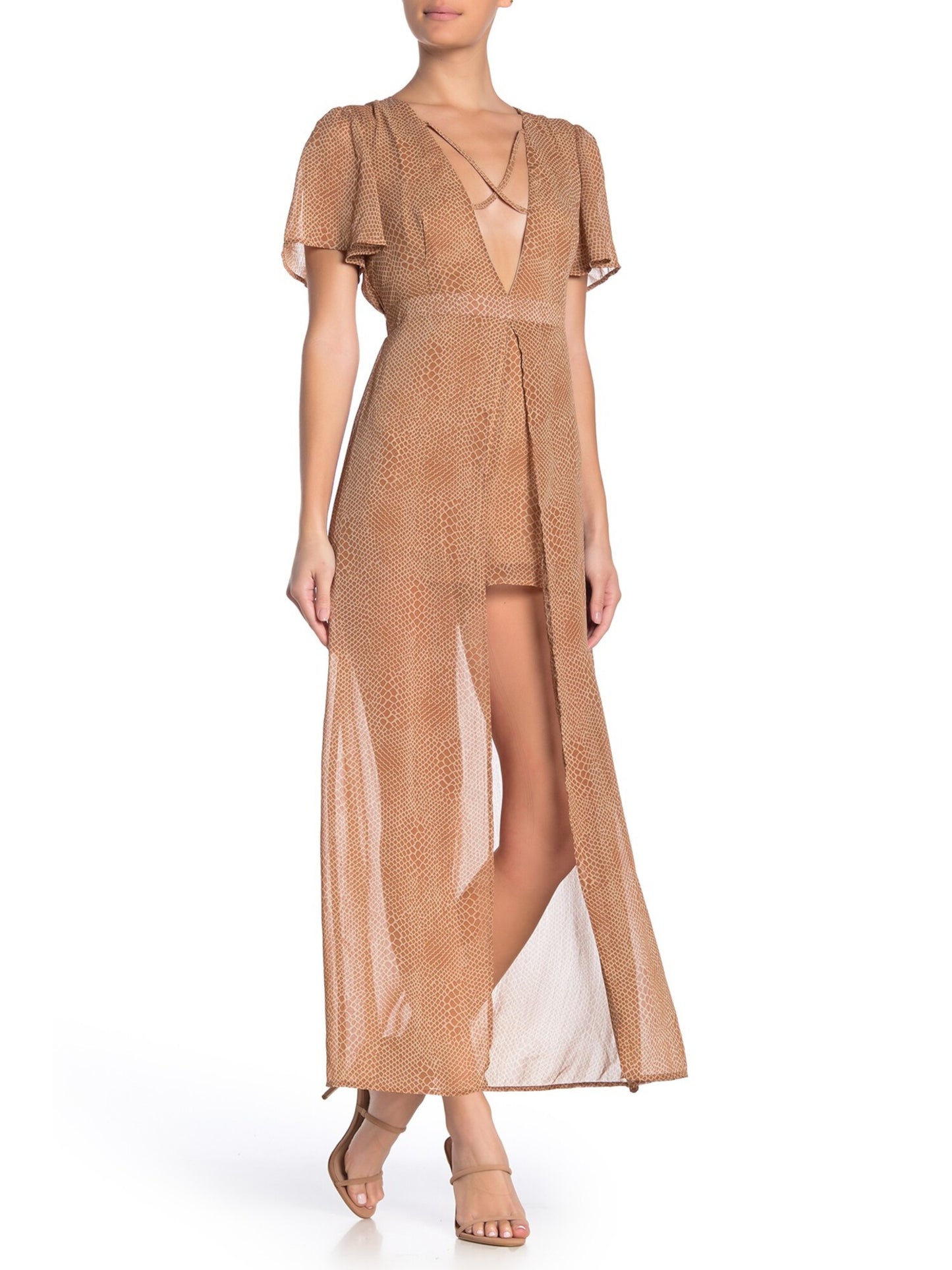 Material Girl Women's Cap Sleeve MIDI Hi Lo Dress Brown Size X-Large