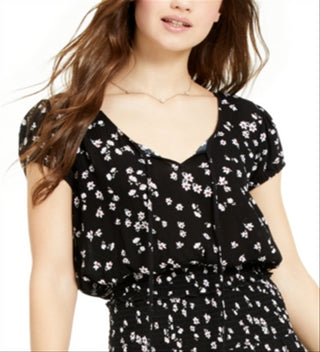 Ultra Flirt Junior's Printed Smocked Waist Peasant Blouse Black Size Large