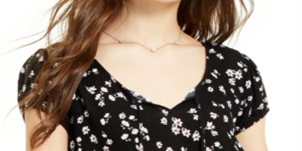 Ultra Flirt Junior's Printed Smocked Waist Peasant Blouse Black Size Large