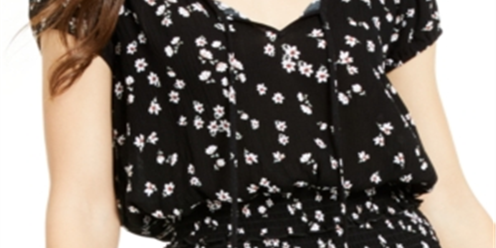 Ultra Flirt Junior's Printed Smocked Waist Peasant Blouse Black Size Large