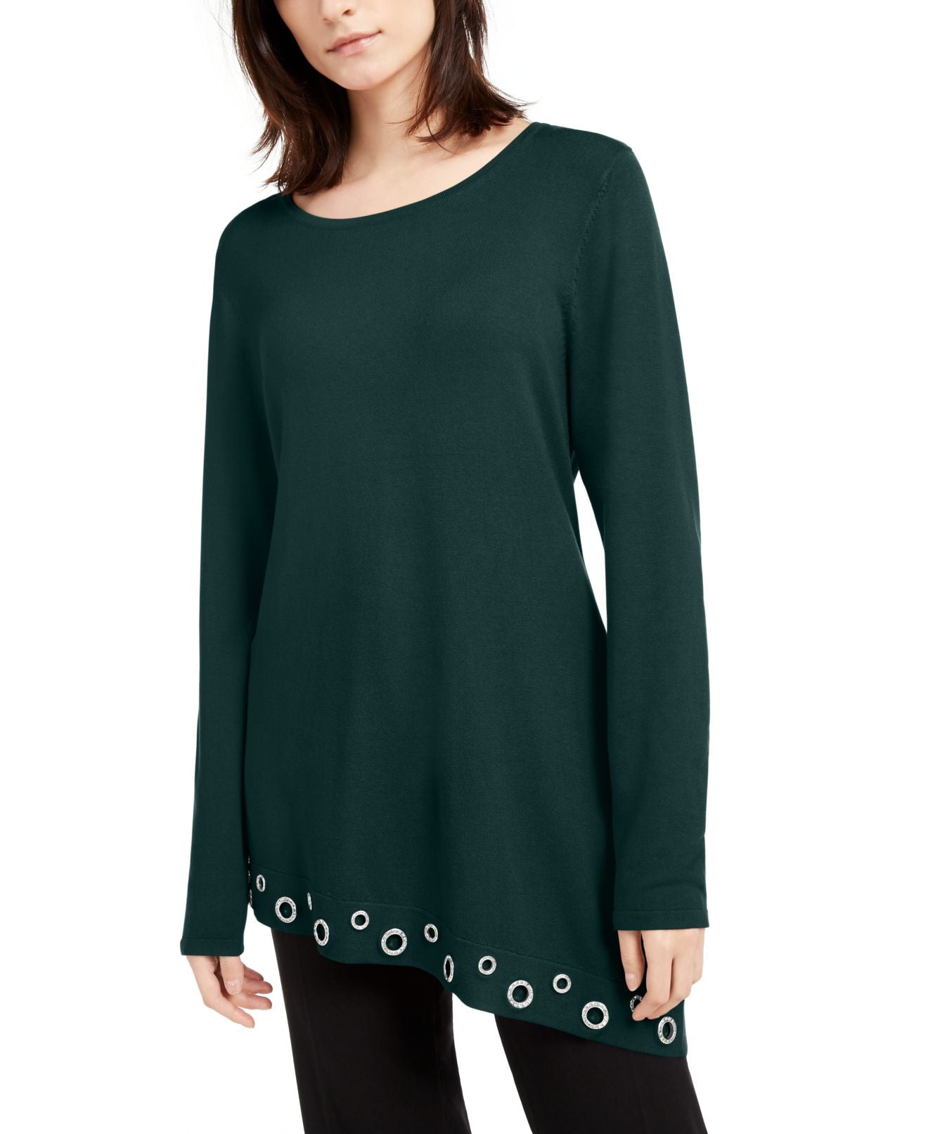 INC International Concepts Women's Rhinstone Grommet Asymmetrical Tunic Sweater Green Size Small