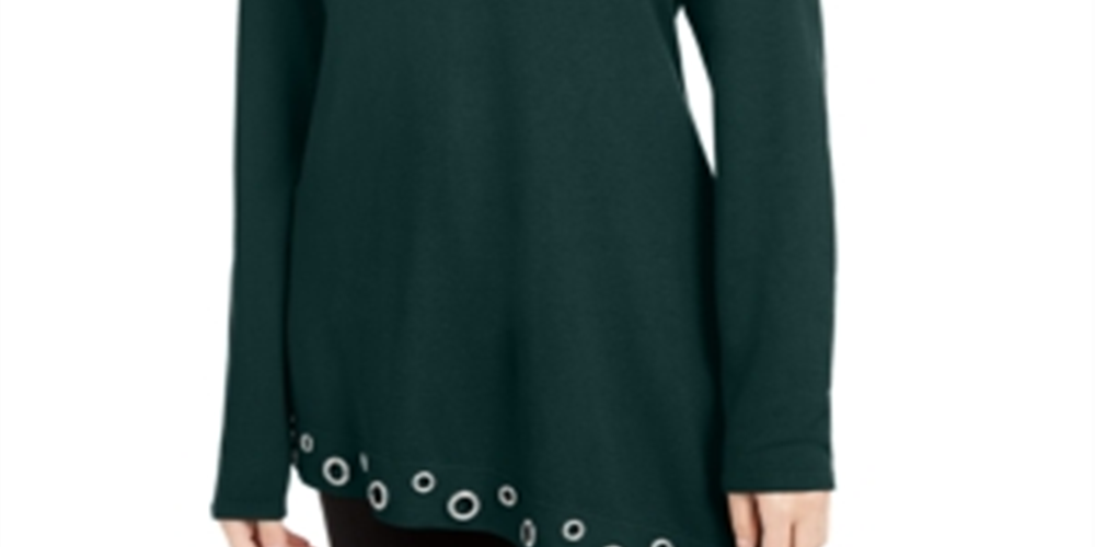 INC International Concepts Women's Rhinstone Grommet Asymmetrical Tunic Sweater Green Size Small