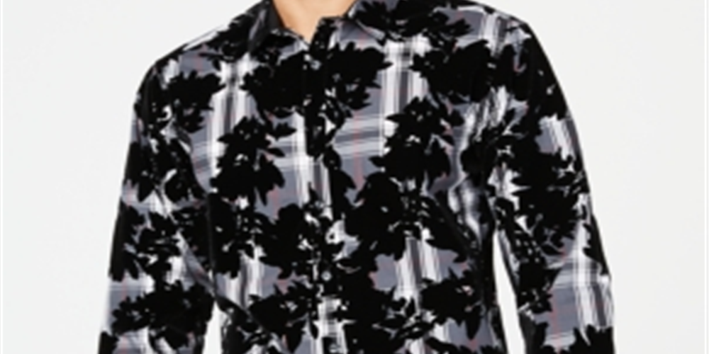 INC International Concepts Men's Flocked Plaid Shirt Gray Size 2XB