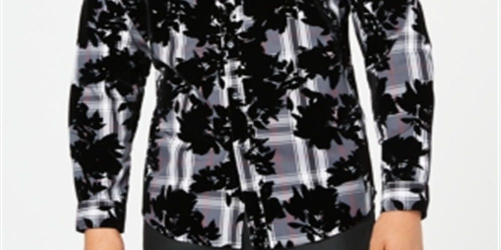 INC International Concepts Men's Flocked Plaid Shirt Gray Size 2XB