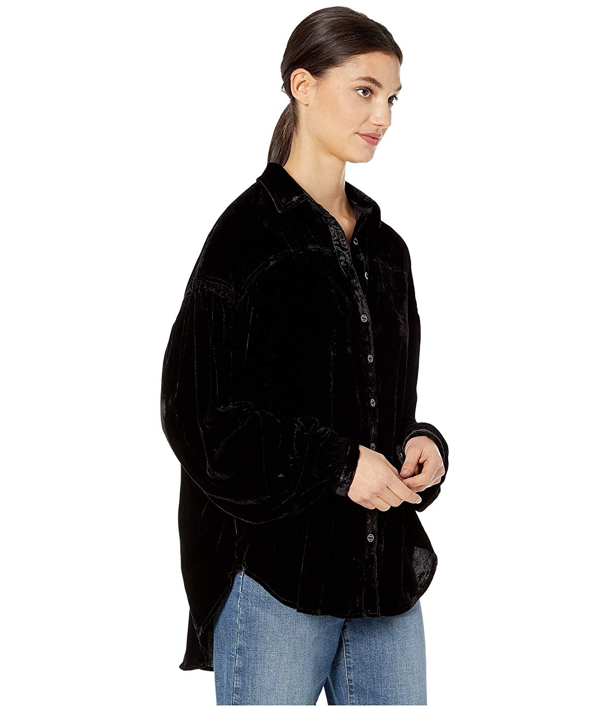 Free People Women's La Luna Velvet Long Sleeve Top Black Size Large