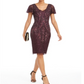 Adrianna Papell Womens Purple Sequined Short Sleeve V Neck Above the Knee Sheath Cocktail Dress Size 12
