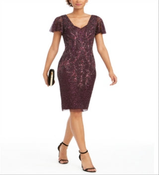 Adrianna Papell Womens Purple Sequined Short Sleeve V Neck Above the Knee Sheath Cocktail Dress Size 12