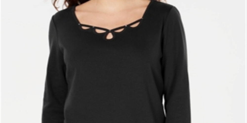 Karen Scott Women's Cotton Keyhole Stud Top Black Size X-Small