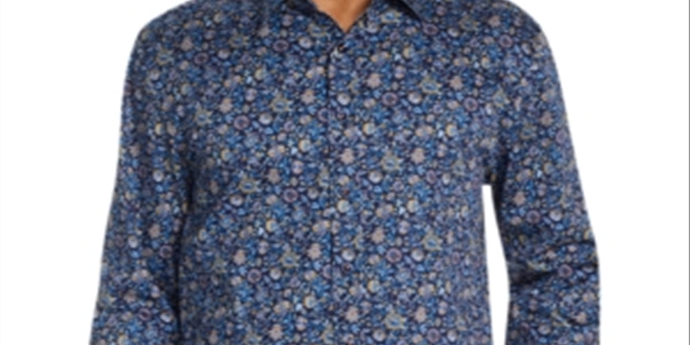 Tallia Men's Button Down Shirt Floral Stretch Blue Size Large