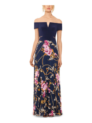 Xscape Women's Printed Short Sleeve Off Shoulder Full Length Sheath Formal Dress Blue Size 2