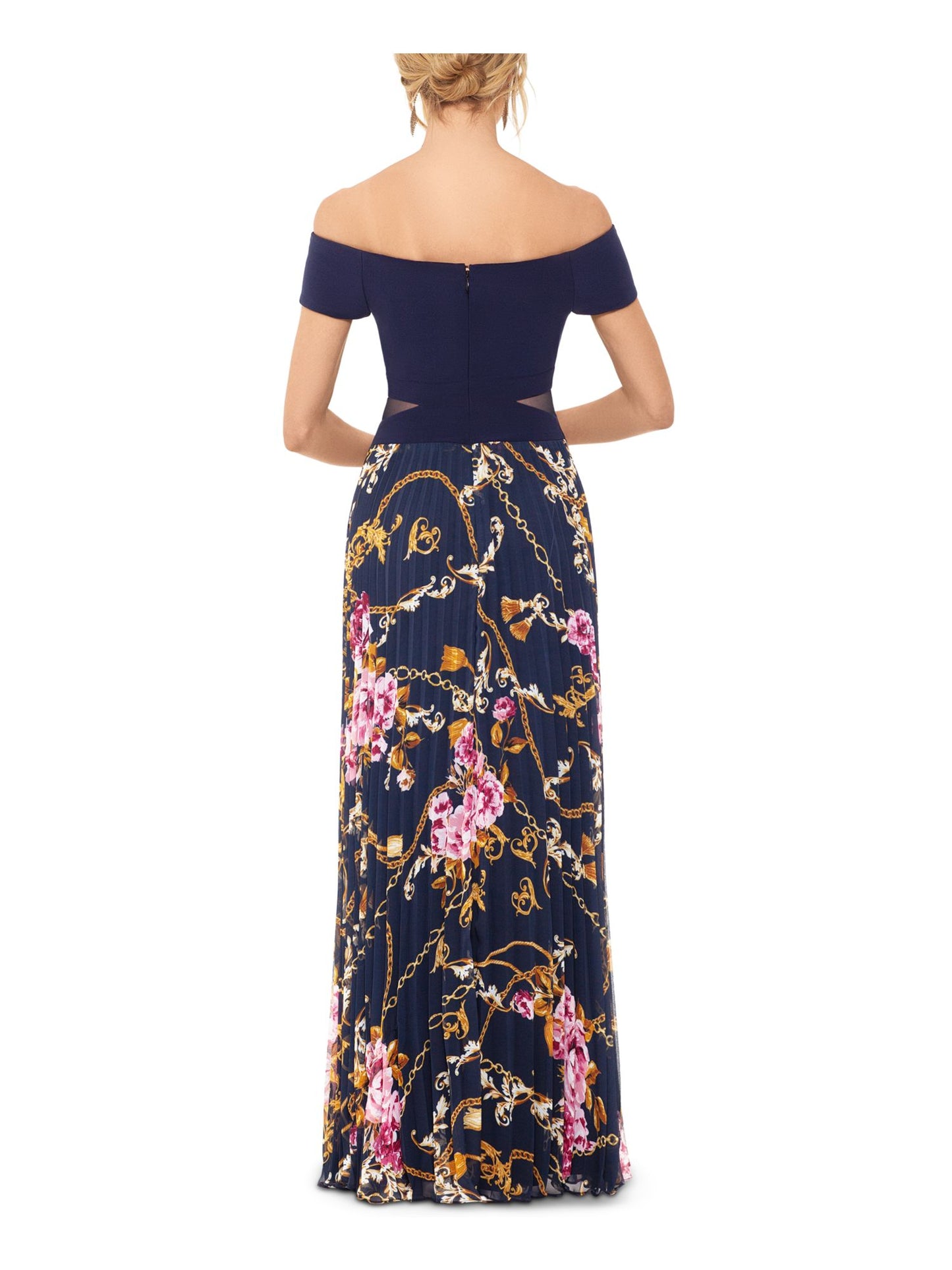 Xscape Women's Printed Short Sleeve Off Shoulder Full Length Sheath Formal Dress Blue Size 2