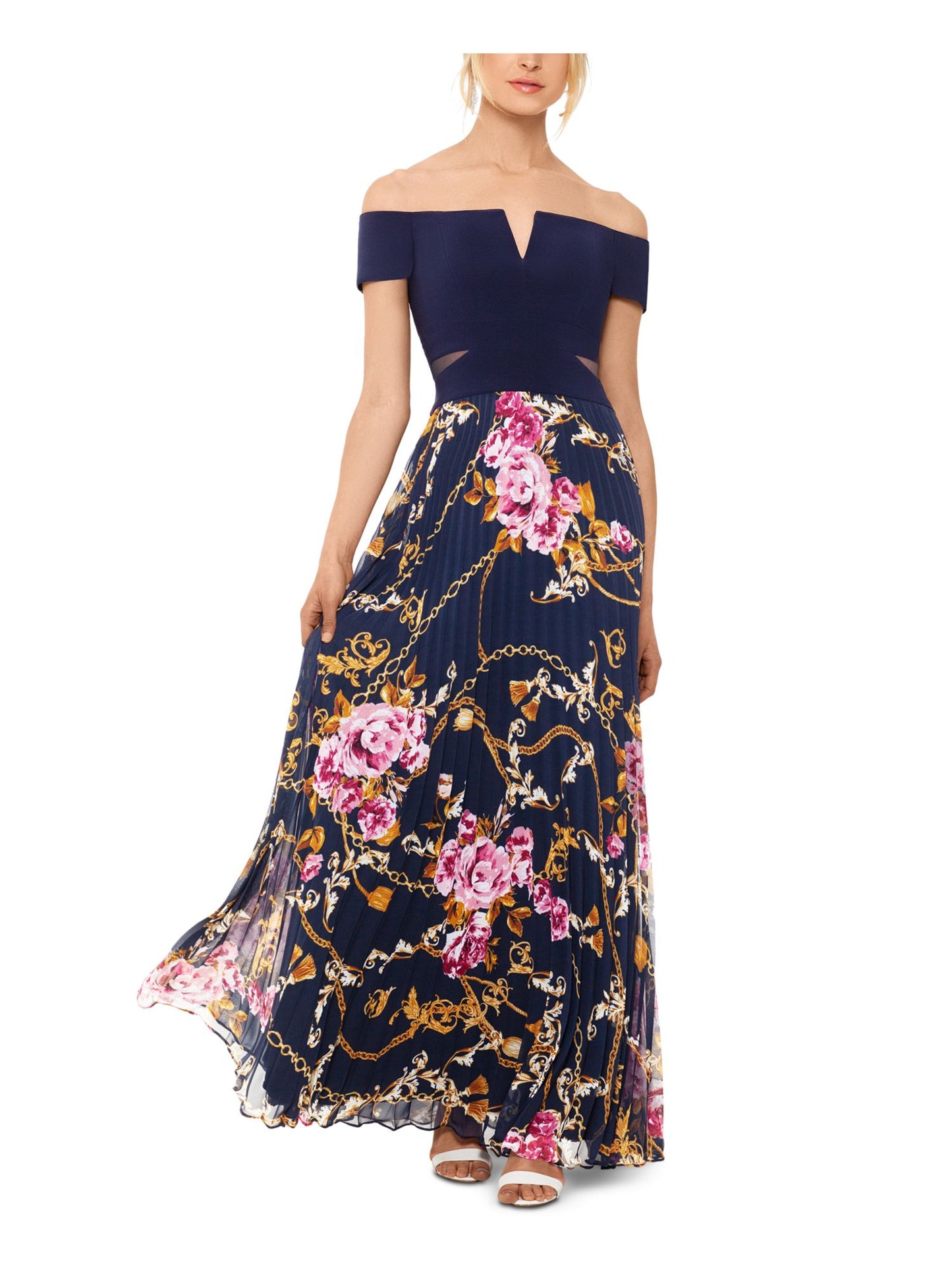 Xscape Women's Printed Short Sleeve Off Shoulder Full Length Sheath Formal Dress Blue Size 2