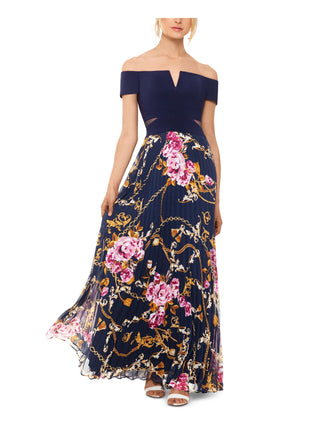 Xscape Women's Printed Short Sleeve Off Shoulder Full Length Sheath Formal Dress Blue Size 2