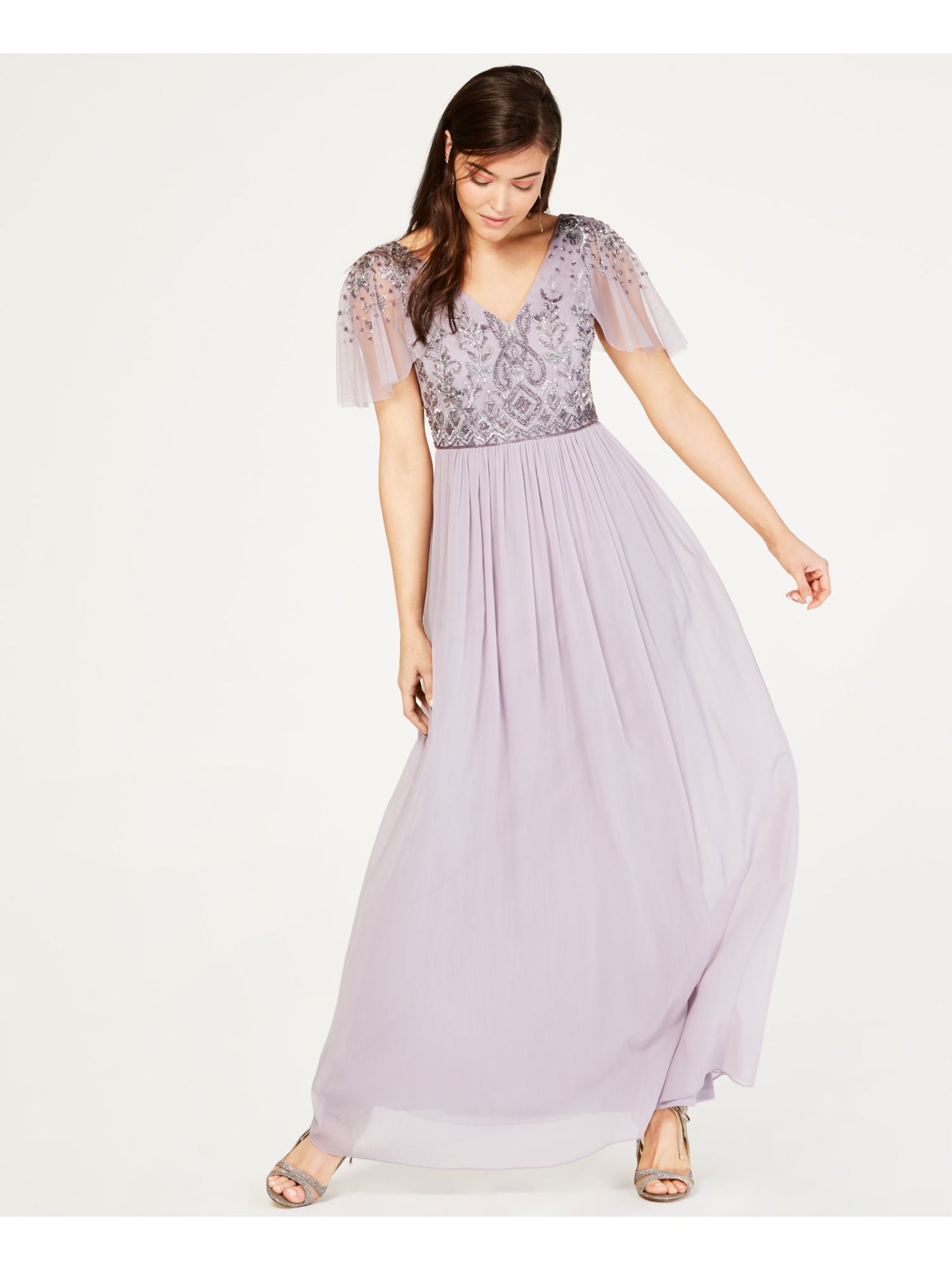 Adrianna Papell Women's Embellished Short Sleeve V Neck Maxi Sheath Evening Dress Purple Size 6