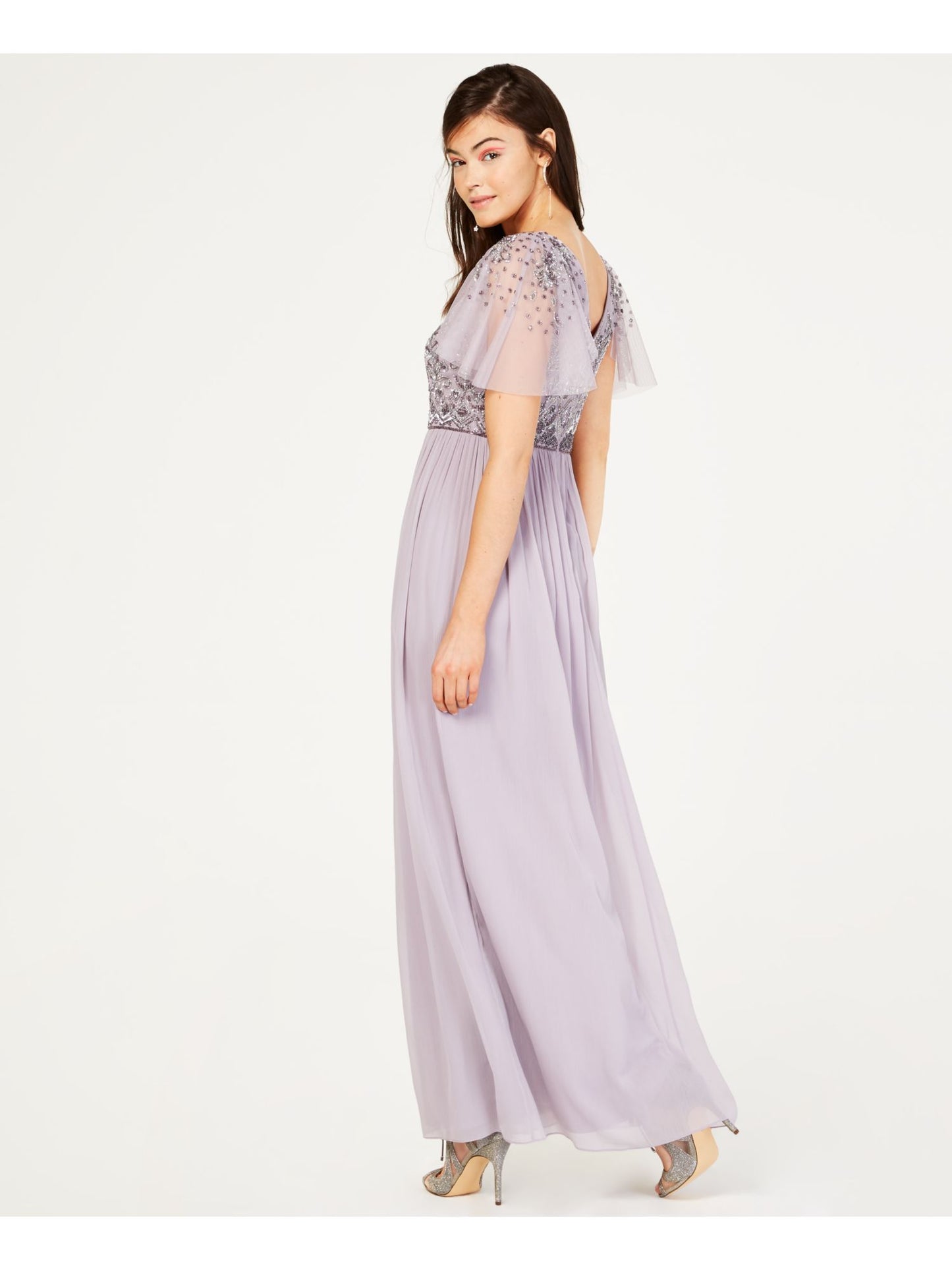 Adrianna Papell Women's Embellished Short Sleeve V Neck Maxi Sheath Evening Dress Purple Size 6