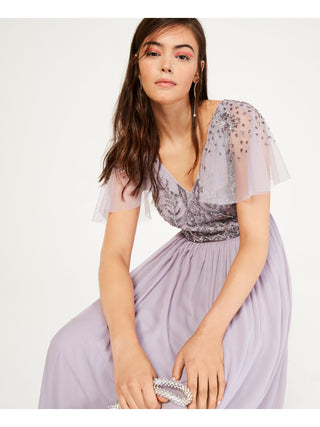 Adrianna Papell Women's Embellished Short Sleeve V Neck Maxi Sheath Evening Dress Purple Size 6