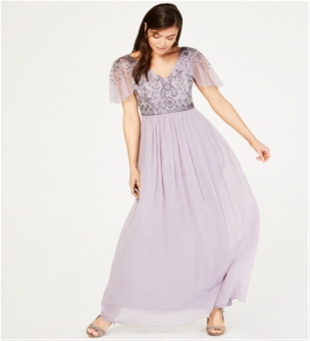 Adrianna Papell Women's Embellished Short Sleeve V Neck Maxi Sheath Evening Dress Purple Size 6