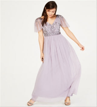 Adrianna Papell Women's Embellished Short Sleeve V Neck Maxi Sheath Evening Dress Purple Size 6