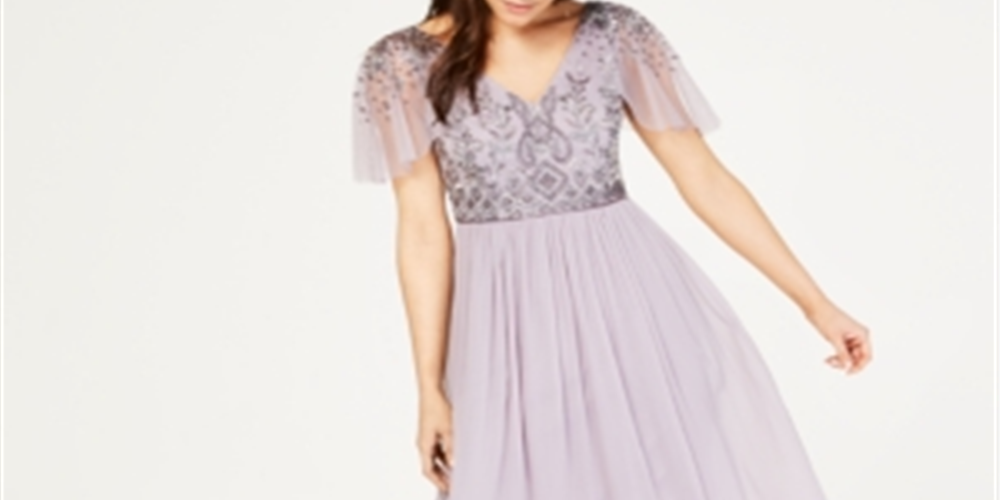 Adrianna Papell Women's Embellished Short Sleeve V Neck Maxi Sheath Evening Dress Purple Size 6