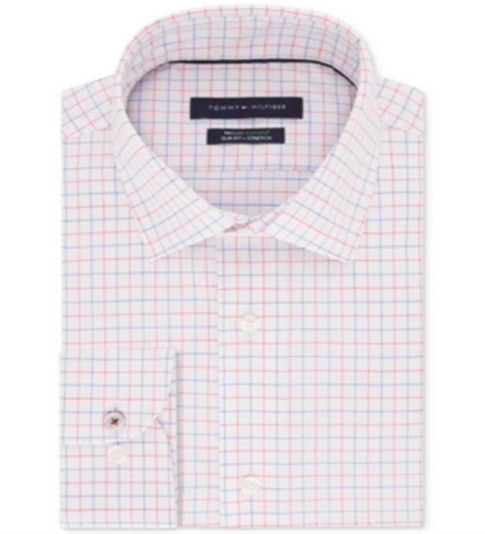 Tommy Hilfiger Men's  Check Collared Slim Fit Stretch Dress Shirt Red Size 15.5X32-33