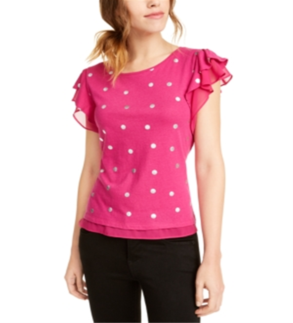 Maison Jules Women's  Foil-Dot Flutter-Sleeve Top  Pink Size Medium