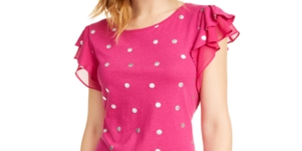 Maison Jules Women's  Foil-Dot Flutter-Sleeve Top  Pink Size Medium