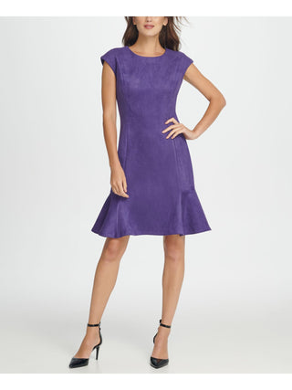 DKNY Women's Cap Sleeve Jewel Neck Knee Length Fit Flare Party Dress Purple Size 14