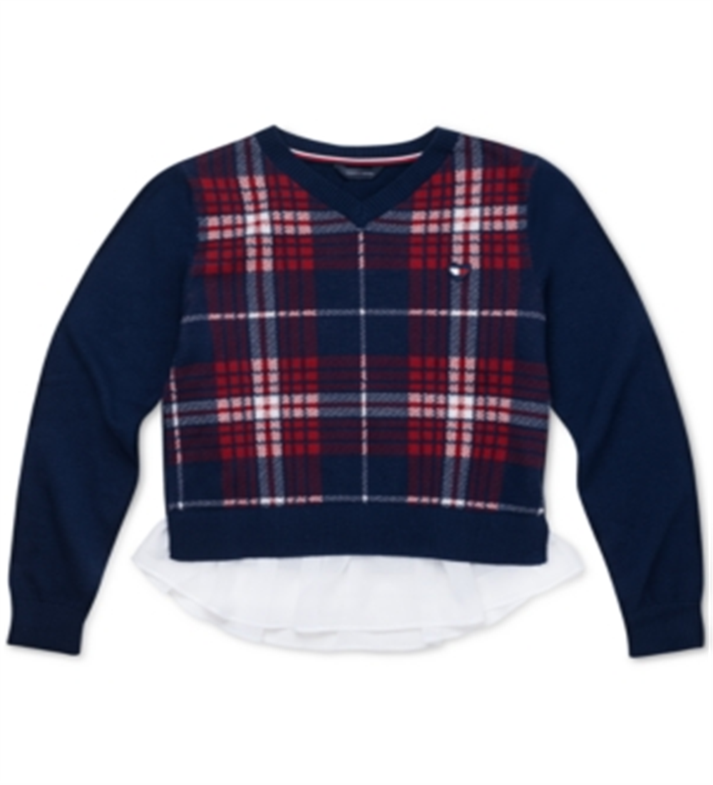 Tommy Hilfiger Big Girl's Cotton Plaid Peplum Sweater Blue Size 12-14