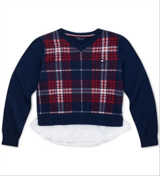 Tommy Hilfiger Big Girl's Cotton Plaid Peplum Sweater Blue Size 12-14