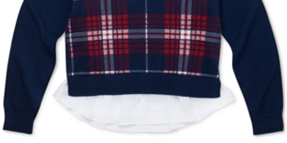 Tommy Hilfiger Big Girl's Cotton Plaid Peplum Sweater Blue Size 12-14